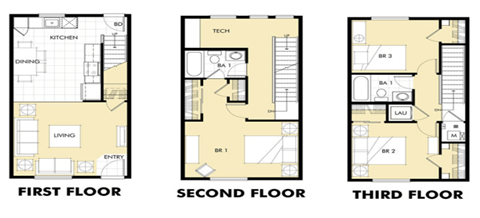 Floor plan for 3 beds, 2 baths